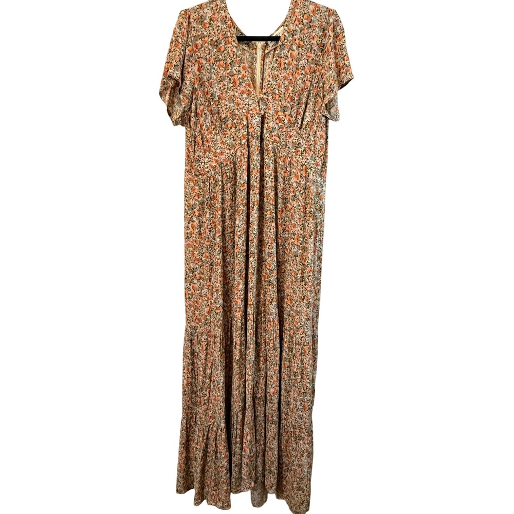 Natural Life Autumn Floral V Neck Tiered Maxi Dress Size XL